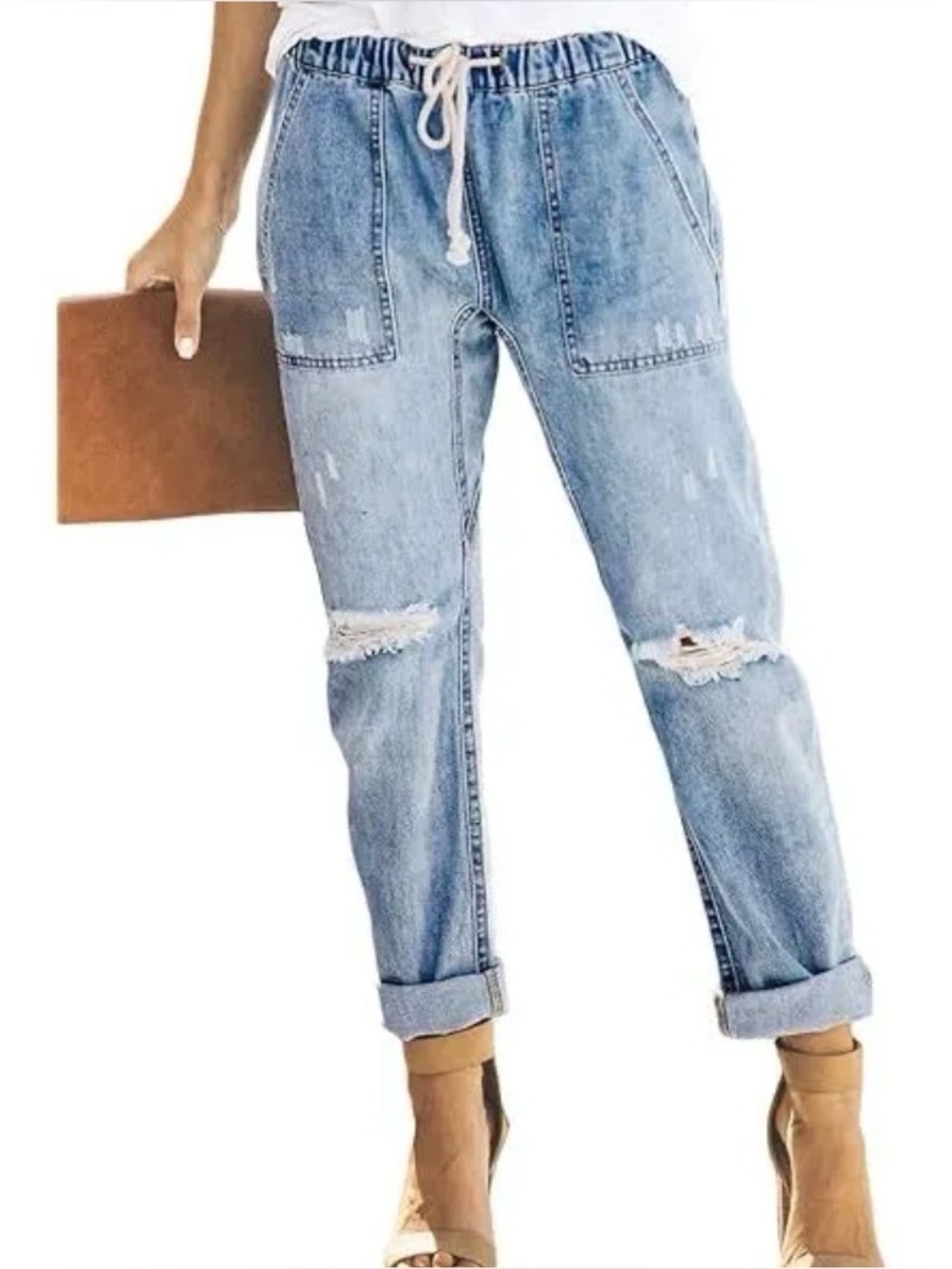 New La Latte Boutique Distressed Boyfriend Jeans Drawstring Waist